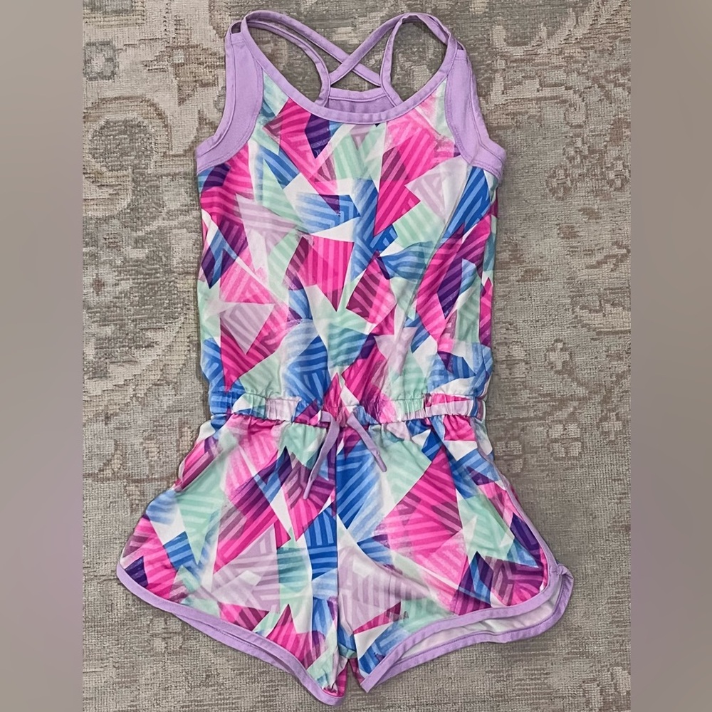 Girls Colorful Geometric Print Athletic Romper, Kids 6/6X, EUC